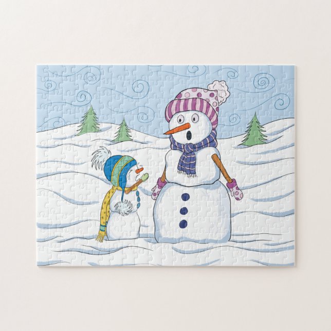 Snowman Mama Kid Cry Whimsistische Kunst (Horizontal)