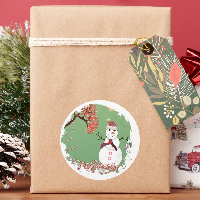 Snowman mit CandyCane Tree Runder Aufkleber (Feiertag)