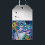 SNOWMAN MIT CHRISTMAS BAUM UND SPIELZEUG GESCHENKANHÄNGER<br><div class="desc">Farbenfrohe,  skurrile und lustige Acrylmalerei von Bulgan Lumini (c). Schneebedeckte Winternacht mit Schneemann,  Weihnachtsbaum,  Spielzeug,  Katz,  Eule,  Puppen,  Zierbeeren und holzigen Pflanze in lebhaften Gelb-,  Blau-,  Grün-,  Rot-,  Weißpinken- und Farbtönen</div>
