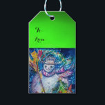 SNOWMAN MIT CHRISTMAS BAUM UND SPIELZEUG ,grün Geschenkanhänger<br><div class="desc">Farbenfrohe,  skurrile und lustige Acrylmalerei von Bulgan Lumini (c). Schneebedeckte Winternacht mit Schneemann,  Weihnachtsbaum,  Spielzeug,  Katz,  Eule,  Puppen,  Zierbeeren und holzigen Pflanze in lebhaften Gelb-,  Blau-,  Grün-,  Rot-,  Weißpinken- und Farbtönen</div>