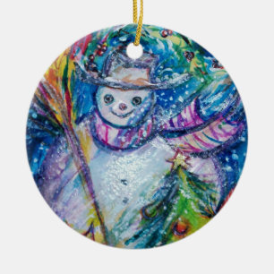 SNOWMAN MIT CHRISTMAS BAUM UND SPIELZEUG KERAMIK ORNAMENT