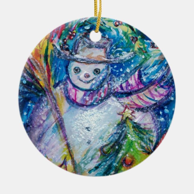 SNOWMAN MIT CHRISTMAS BAUM UND SPIELZEUG KERAMIK ORNAMENT (Vorne)