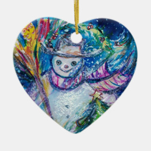 SNOWMAN MIT CHRISTMAS BAUM UND SPIELZEUG KERAMIKORNAMENT