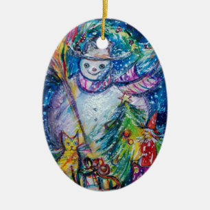 SNOWMAN MIT CHRISTMAS BAUM UND SPIELZEUG KERAMIKORNAMENT