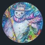 SNOWMAN MIT CHRISTMAS BAUM UND SPIELZEUG RUNDER AUFKLEBER<br><div class="desc">Farbenfrohe,  skurrile und lustige Acrylmalerei von Bulgan Lumini (c). Schneebedeckte Winternacht mit Schneemann,  Weihnachtsbaum,  Spielzeug,  Katz,  Eule,  Puppen,  Zierbeeren und Heiligbeeren in lebhaften Gelb-,  Blau-,  Grün-,  Rot-,  Weißrosa- und Farbtönen.</div>