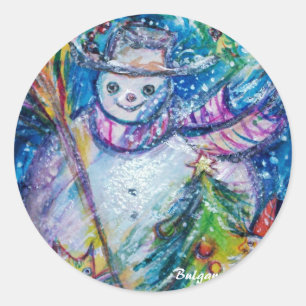 SNOWMAN MIT CHRISTMAS BAUM UND SPIELZEUG RUNDER AUFKLEBER