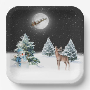 Snowman mit Deer und dem Weihnachtsmann Sleigh Pappteller
