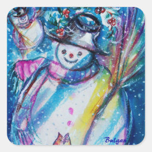 SNOWMAN MIT EIGENEM URLAUB IN DER WINTERNACHT QUADRATISCHER AUFKLEBER