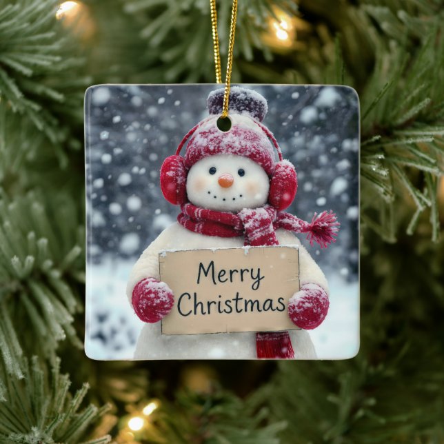 Snowman mit einem fröhlichen Weihnachtszeichen Keramikornament (Baum)