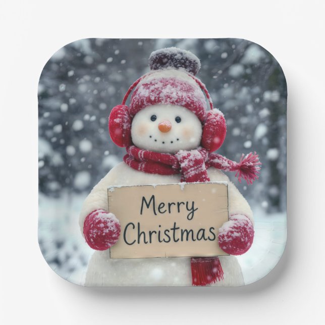 Snowman mit einem fröhlichen Weihnachtszeichen Pappteller (Vorderseite)