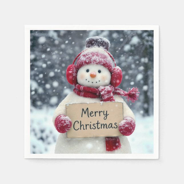 Snowman mit einem fröhlichen Weihnachtszeichen Serviette (Vorderseite)