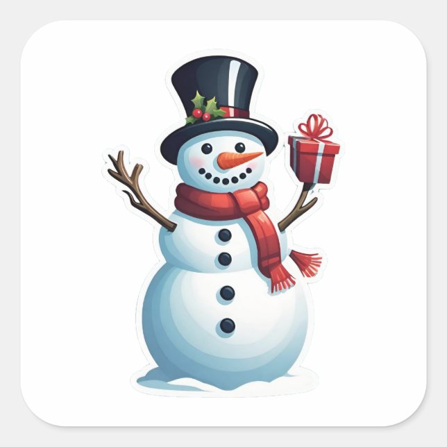 Snowman mit Geschenk Quadratischer Aufkleber (Vorderseite)