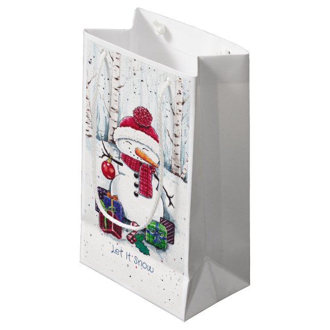 Snowman mit Geschenken in Aquarellfarbe Kleine Geschenktüte (Vorderseite Schrägansicht)