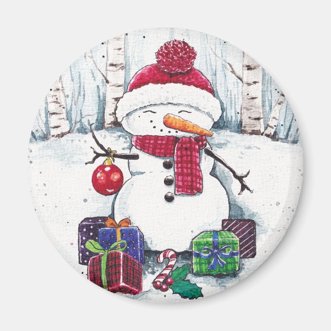 Snowman mit Geschenken in Aquarellfarbe Magnet (Vorne)
