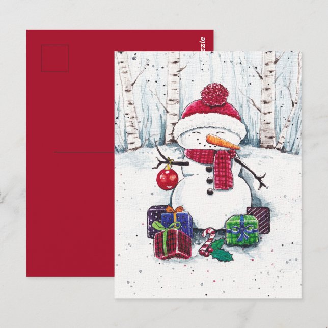 Snowman mit Geschenken in Aquarellfarbe Postkarte (Vorne/Hinten)
