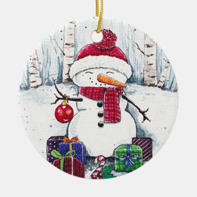 Snowman mit Geschenken in stercolor Keramik Ornament (Vorne)