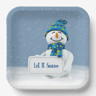 Snowman mit LET IT SNOW Sign Pappteller