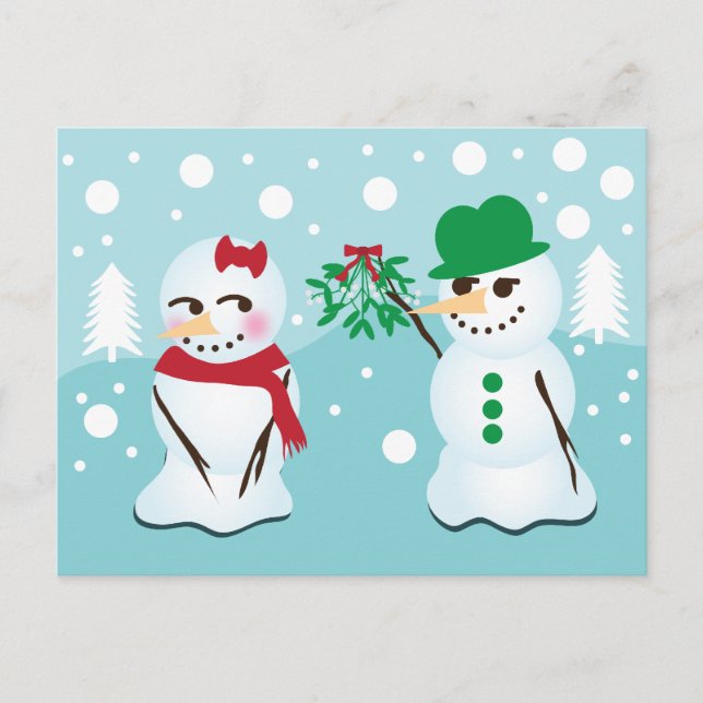 Snowman mit Mistletoe, der einen Kuss Will Postkarte (Vorderseite)