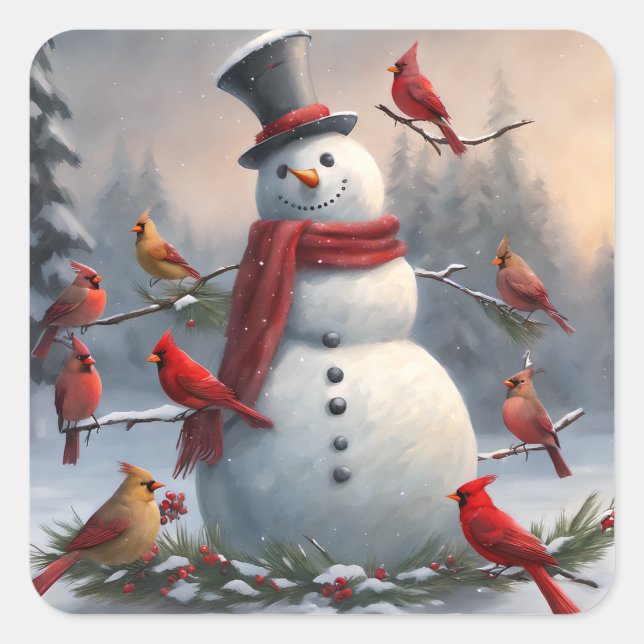 Snowman mit Roten Kardinälen Snowy Quadratischer Aufkleber (Vorderseite)