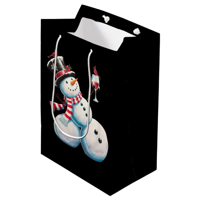 Snowman mit Wein Weihnachten Funny Weihnachten Ges Mittlere Geschenktüte (Vorderseite Schrägansicht)