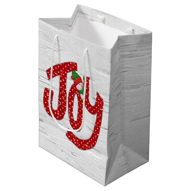 Snowman on Polka Dot Joy Mittlere Geschenktüte (Vorderseite Schrägansicht)