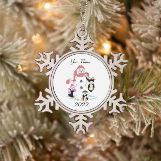 Snowman & Penguin Christmas Snowflake Pewter Chris Schneeflocken Zinn-Ornament (Baum)