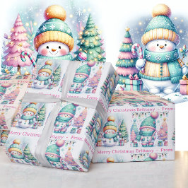 Snowman Personalize Pink Name Girl's Christmas Geschenkpapier