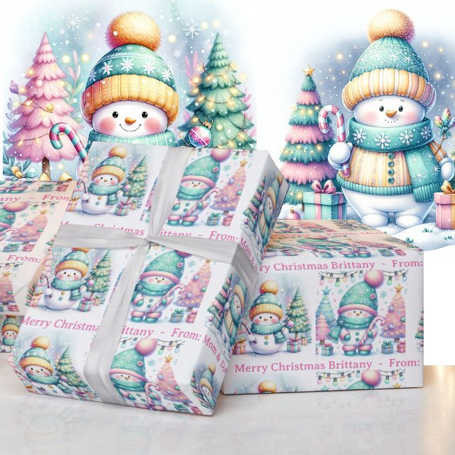 Snowman Personalize Pink Name Girl's Christmas Geschenkpapier (Von Creator hochgeladen)