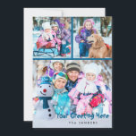 Snowman, persönliche Begrüßung mit drei Fotos<br><div class="desc">Dieser kleine, lächelnde Schneemann mit blauer Hut und Schal sendet Ihre personalisierten Grüße an Ihre Familie und Freunde zusammen mit drei Ihrer Lieblings-Fotos. Die Rückseite ist mit einem Aquarellschneeflockendesign versehen. Klicken Sie auf den Reiter CUSTOMIZE, um weitere Änderungen vorzunehmen, wie zum Beispiel den Stil, die Größe und die Farbe des...</div>