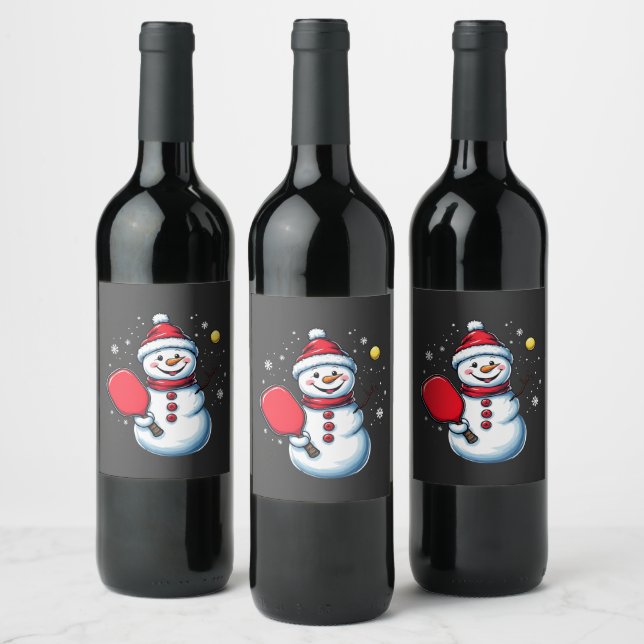Snowman Pickleball Weihnachten Weinetikett (Flaschen)