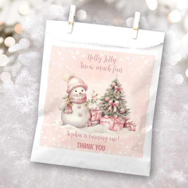 Snowman Pink Weihnachten 1. Geburtstag Gefallen Ta Geschenktütchen (Snowman Pink Christmas 1st Birthday Favor Bags)