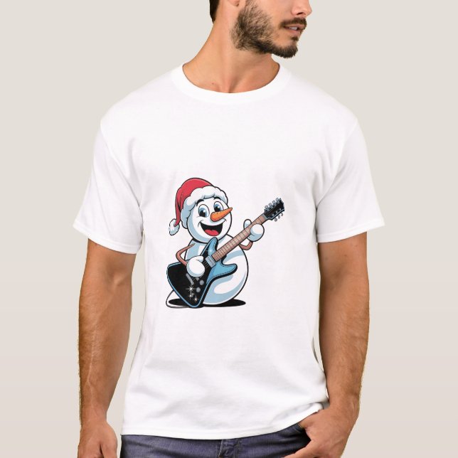 Snowman Playing Electric Guitar Weihnachten T-Shirt (Vorderseite)
