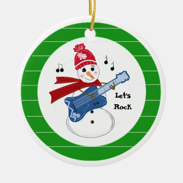 Snowman Playing Electric Rock Guitar Keramikornament (Vorne)