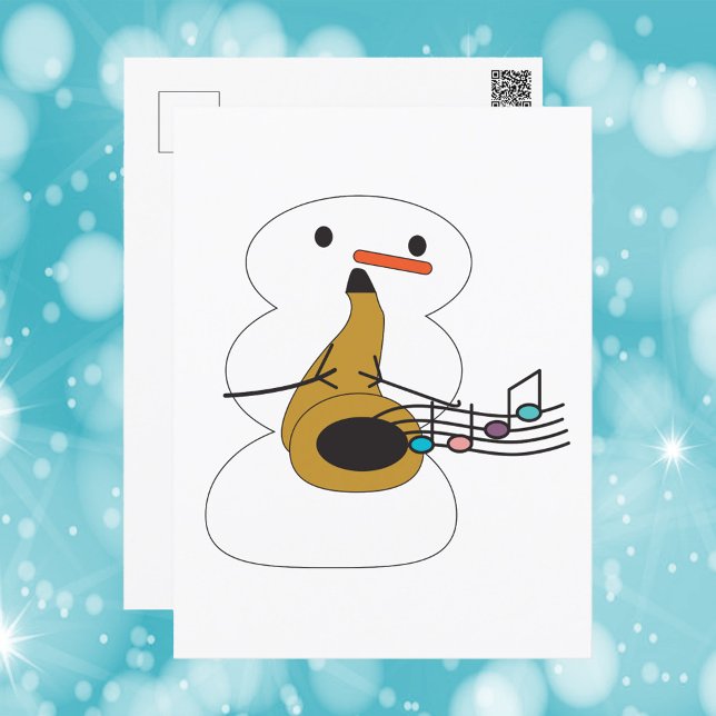 Snowman Playing Saxophone Musiknoten Postkarte (A postcard with a snowman playing the saxophone)