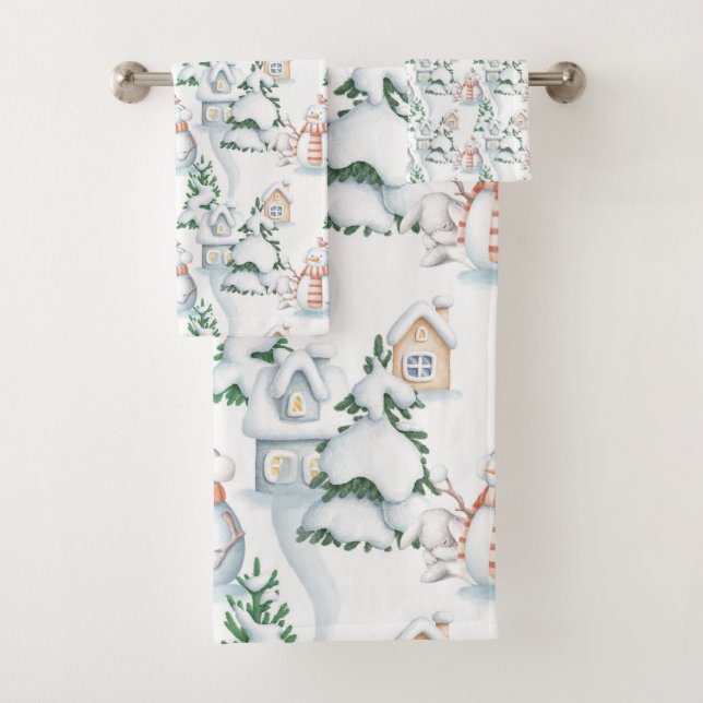 Snowman Rabbit Tree Snow House Weihnachten Badhandtuch Set (Insitu)
