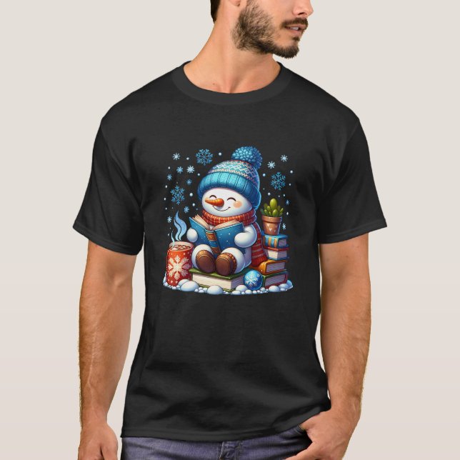 Snowman Reading Book Lovers Christmas Bookworm Lib T-Shirt (Vorderseite)