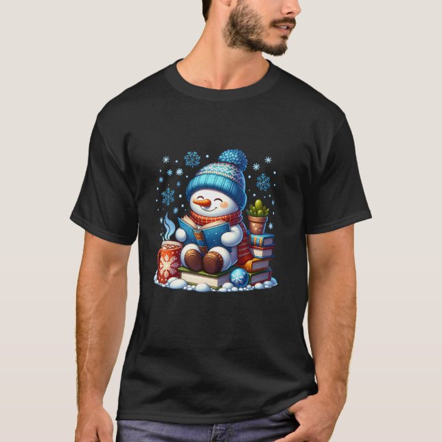 Snowman Reading Book Lovers Christmas Bookworm Lib T-Shirt (Vorderseite)