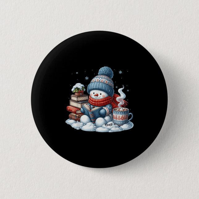 Snowman Reading Books Lovers Librarian Bookworm Ch Button (Vorderseite)