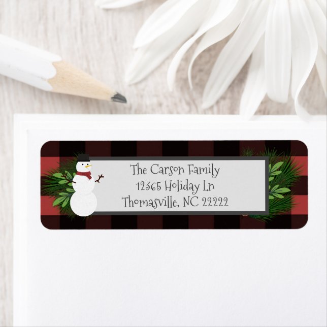 Snowman Red Buffalo Kariert Address Labels (Insitu)