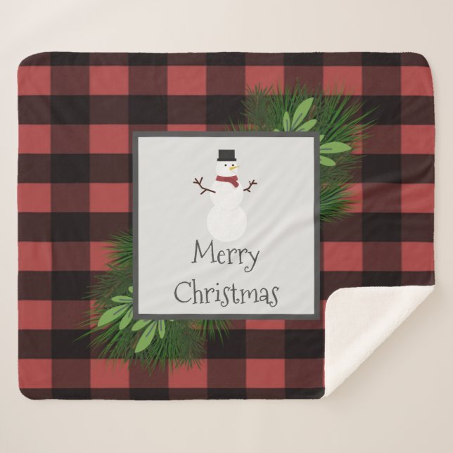 Snowman Red Buffalo Plaid Sherpa Blanche (Devant (Horizontal))