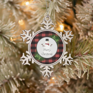 Snowman Red Buffalo Plaid Snowflake Ornement