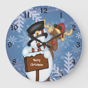 Snowman & Reindeer Große Wanduhr