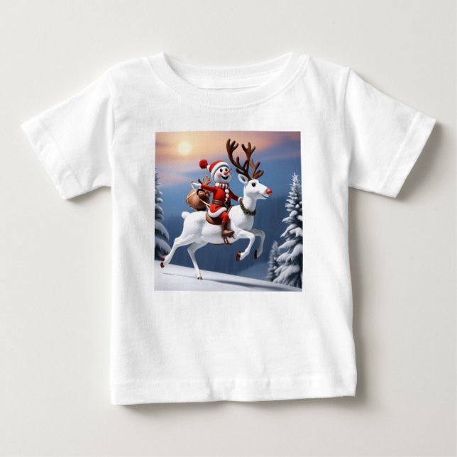 Snowman reitet auf einem Rentier Niedliches Weihna Baby T-shirt (Vorderseite)