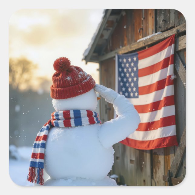 Snowman Saluting an American Flag Quadratischer Aufkleber (Vorderseite)