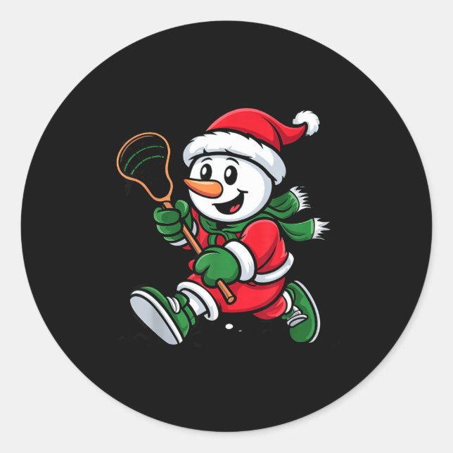 Snowman Santa Hat Playing Lacrosse Christmas Playe Runder Aufkleber (Vorderseite)