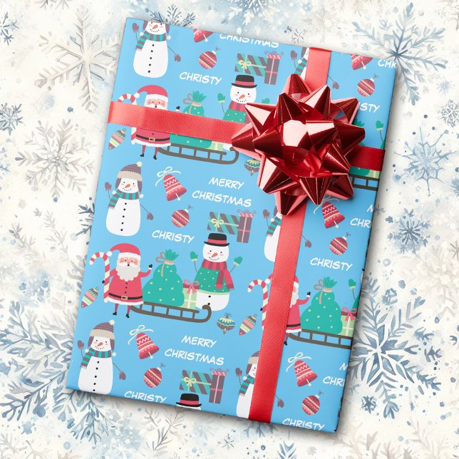 Snowman Santa Kids Personalisiert Blue Christmas Geschenkpapier (Von Creator hochgeladen)