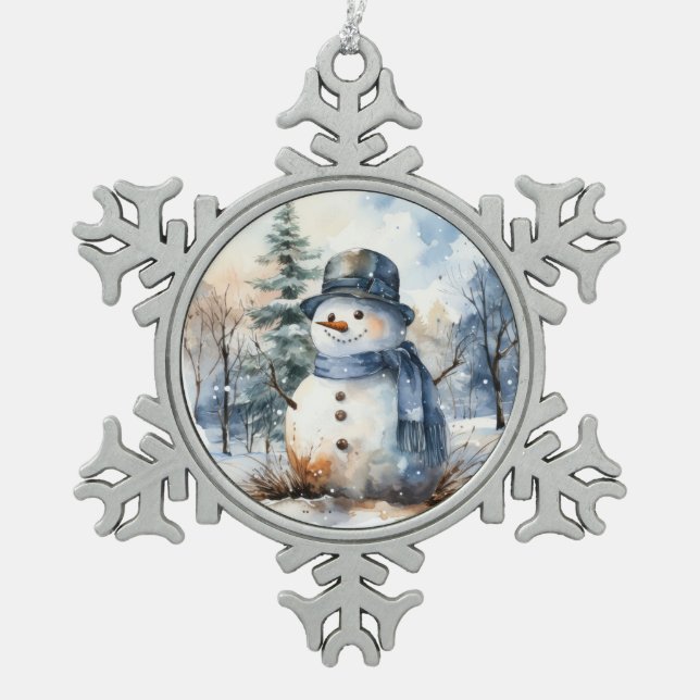 Snowman Schneeflocken Zinn-Ornament (Vorderseite)