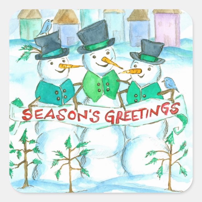 Snowman Season's Grüße Weihnachten Quadratischer Aufkleber (Vorderseite)