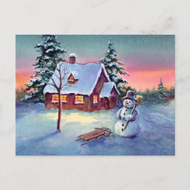 SNOWMAN & SLED VON SHARON SHARPE POSTKARTE (Vorderseite)