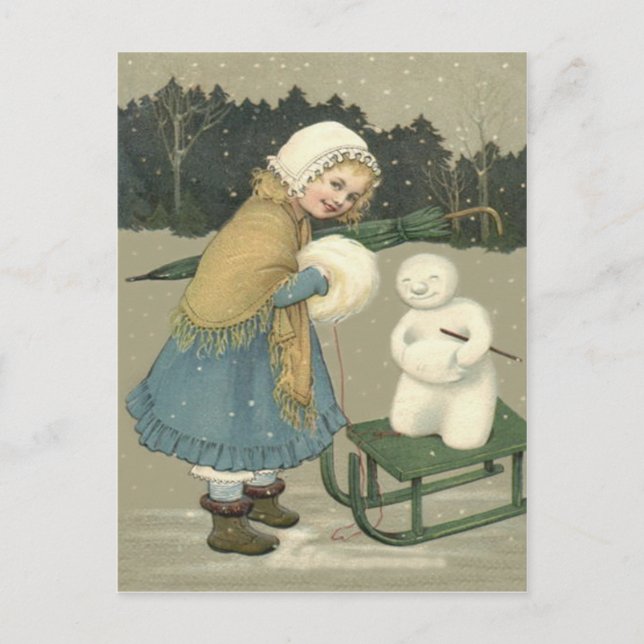 Snowman Sleigh Snow Woods Postkarte (Vorderseite)